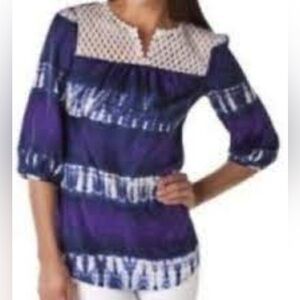 Calypso St. Barth X Target Blue Tie Dye 100% Silk Lace Yoke Blouse Top Size S